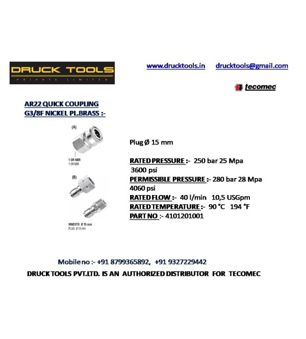 AR 22 QUICK COUPLING G3/8 F NICKEL PL.BRASS  280 BAR 