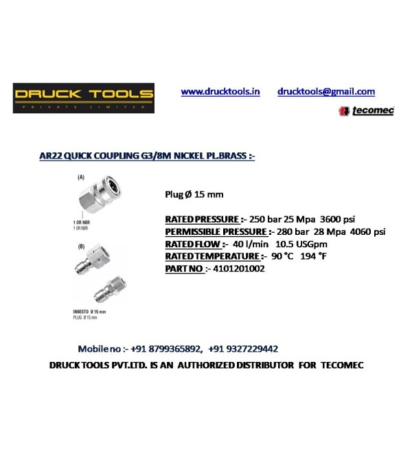 AR 22 QUICK COUPLING G3/8M NICKEL PL.BRASS  280 BAR 